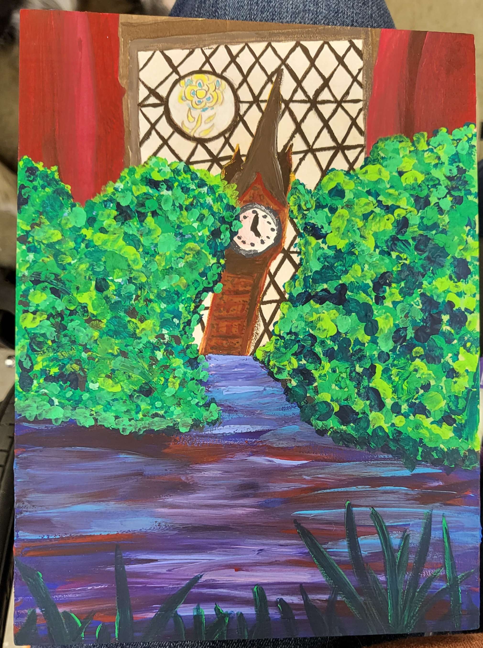 Surreal gouache painting of a river going through bushes towards a sinking clocktower, with the background as a stained glass window with heavy red curtains.