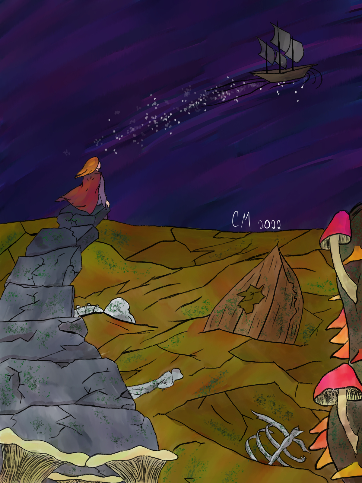 A digital drawing of a person in a cloak sitting at the end of a broken rocky path across a wasteland of bones and mushrooms, watching a three-masted ship fly into the stars.