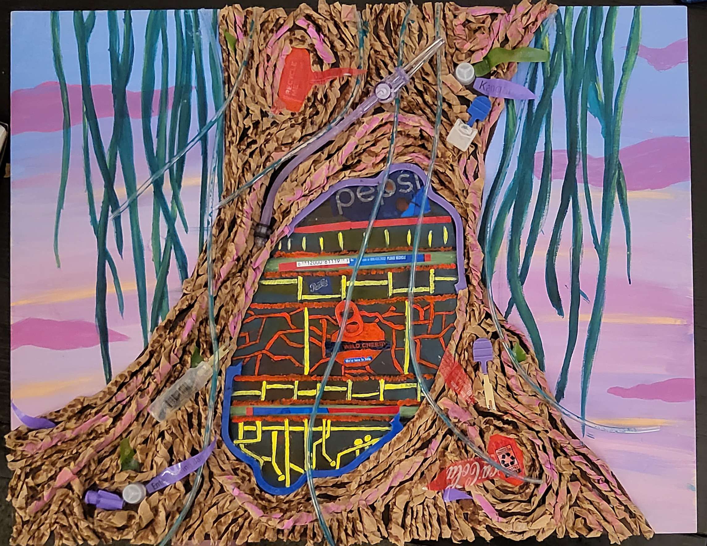 A mixed media painting of a tree, which is made from plastic medical supplies and pieces of plastic Coke bottles, with a pastel painted background.