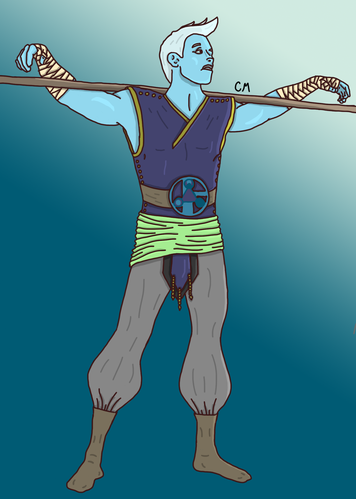 A digital drawing of a humanoid character with blue skin and white hair in loose, monk fighter-style clothing. He is leaning casually with his arms up over a staff carried across his shoulders.