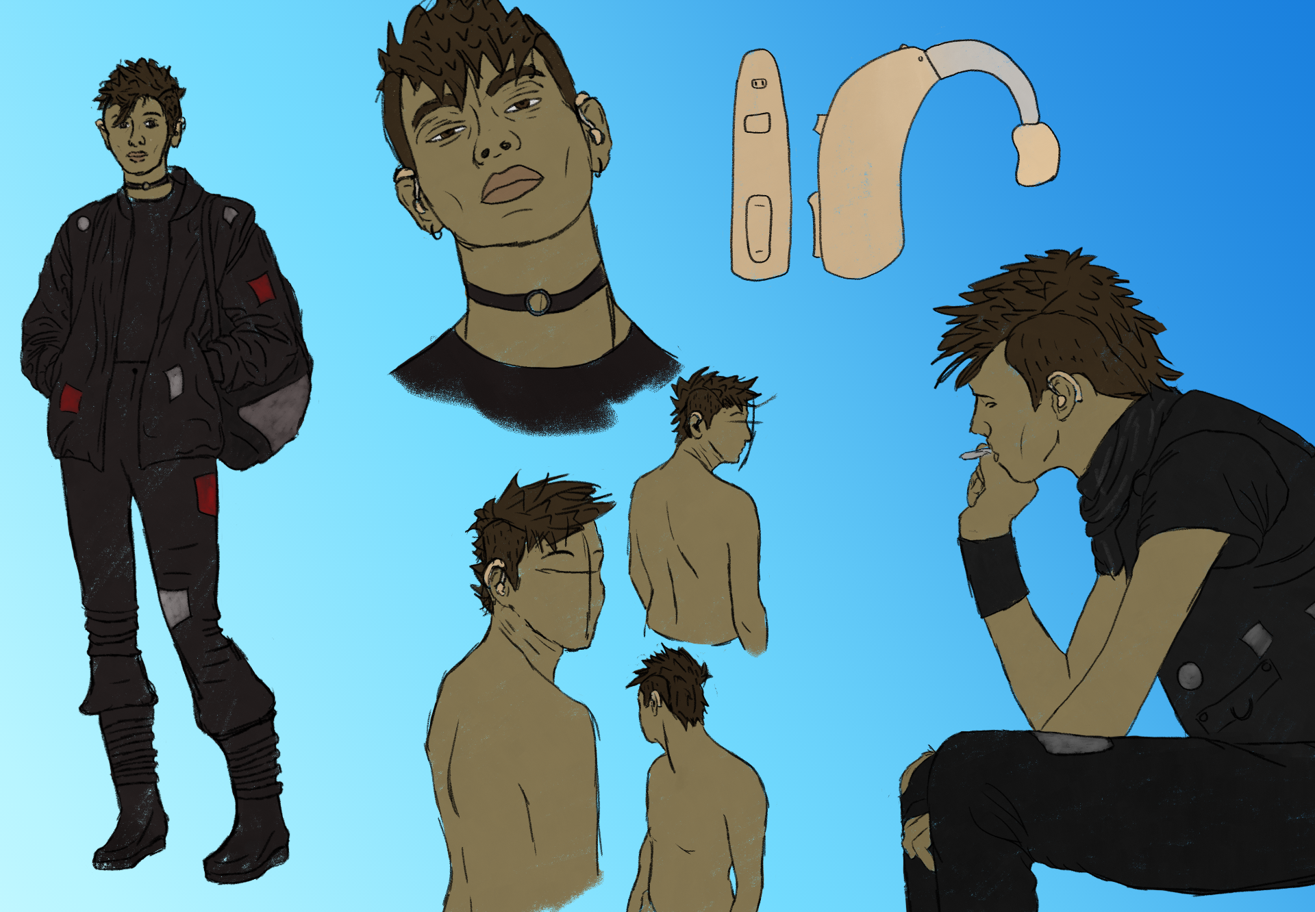 A digital drawing of a tan-skinned punk man with hearing aids in a variety of poses, with and without a cigarette.