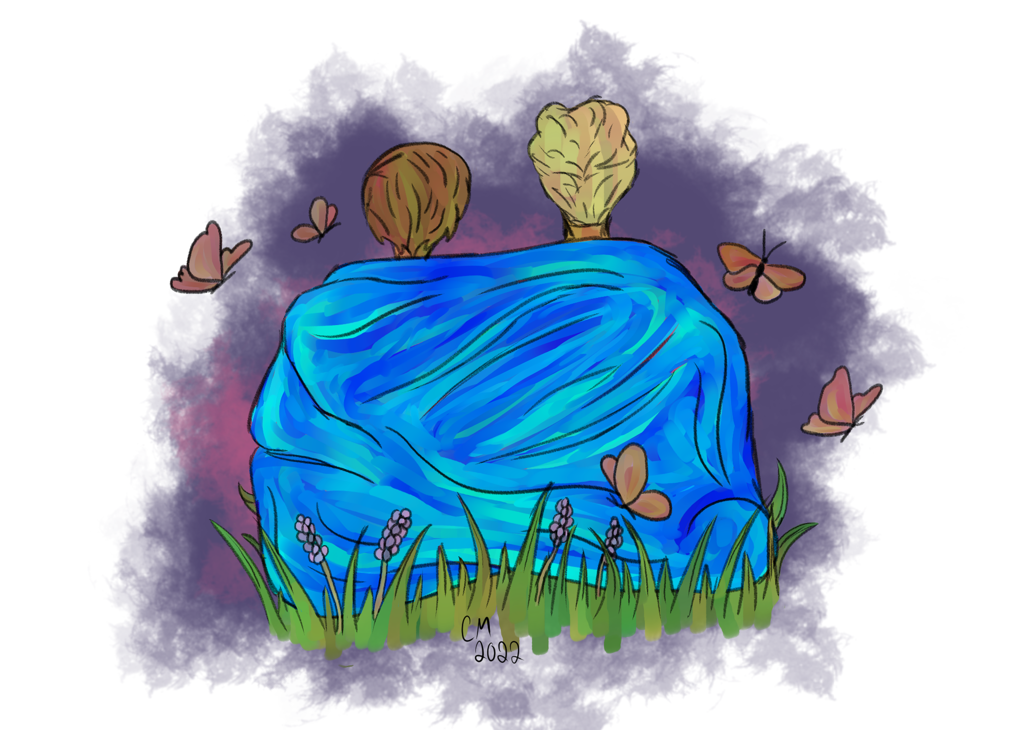 A digital vignette of two people, one taller and one shorter, sitting facing away from the viewer. They are wrapped in a blue blanket and sitting on some grass, with several butterflies around them.