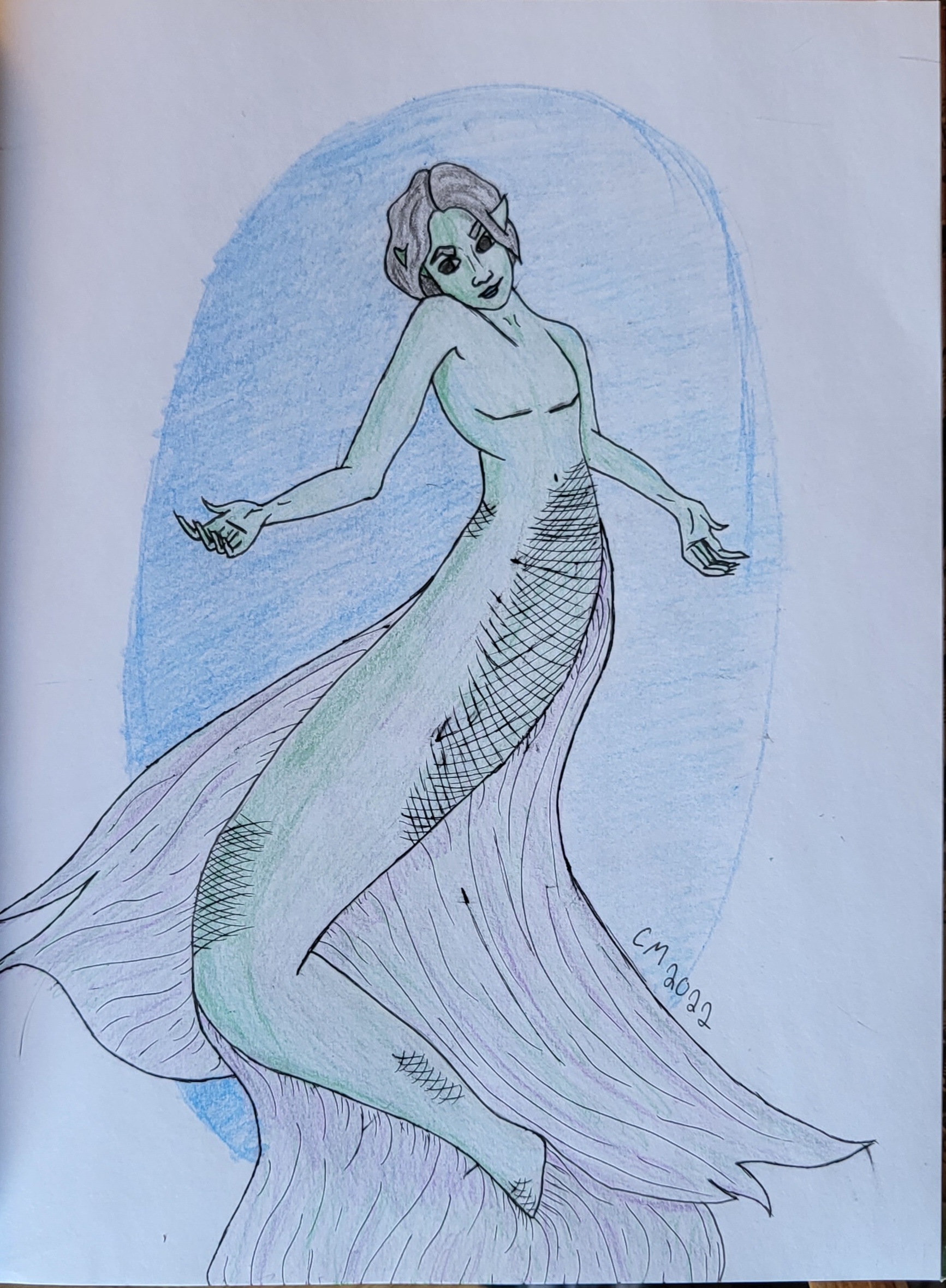 A mermaid in an S pose with green skin, top surgery scars, and purple fins like a beta fish.