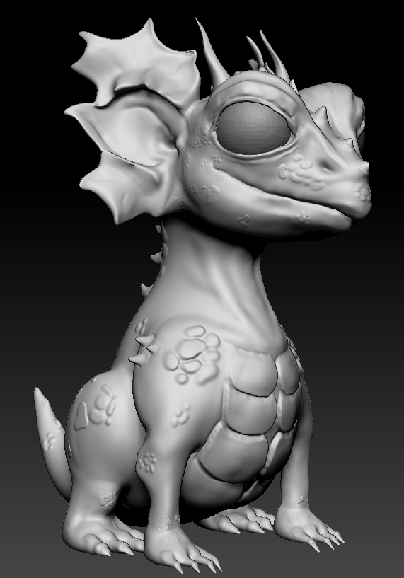 Three quarters view of an aquatic baby water dragon sculpt, with coral-like spines and ears that look like fins.