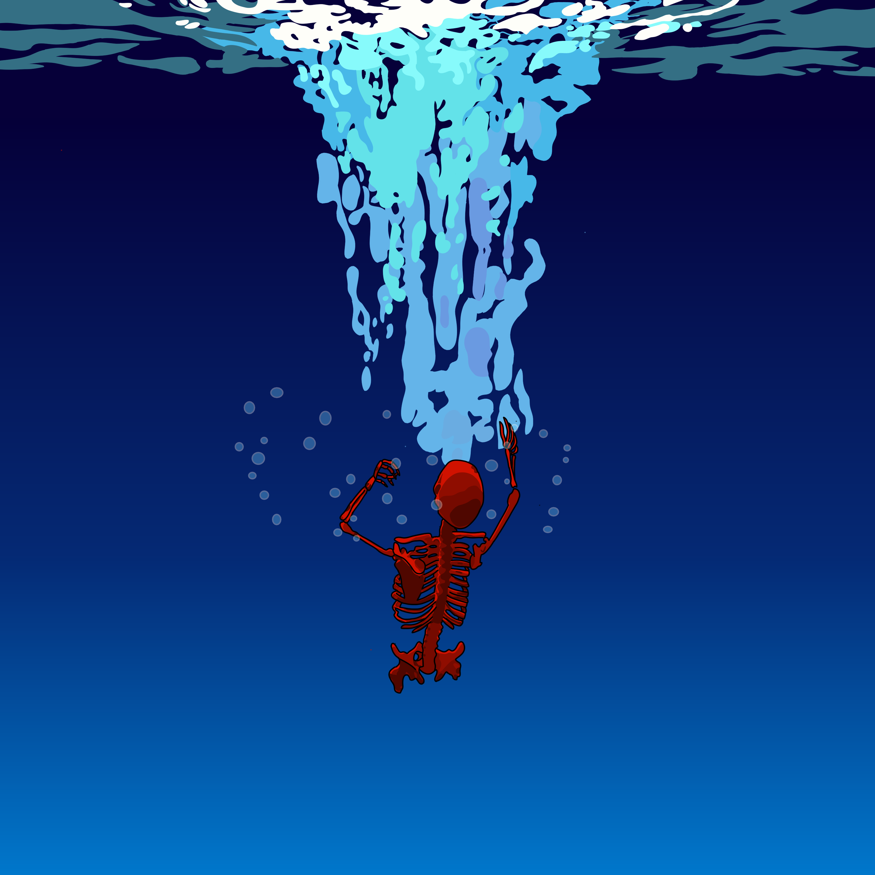 A digital drawing of a red skeleton, without hips or legs, splashing under deep blue water.