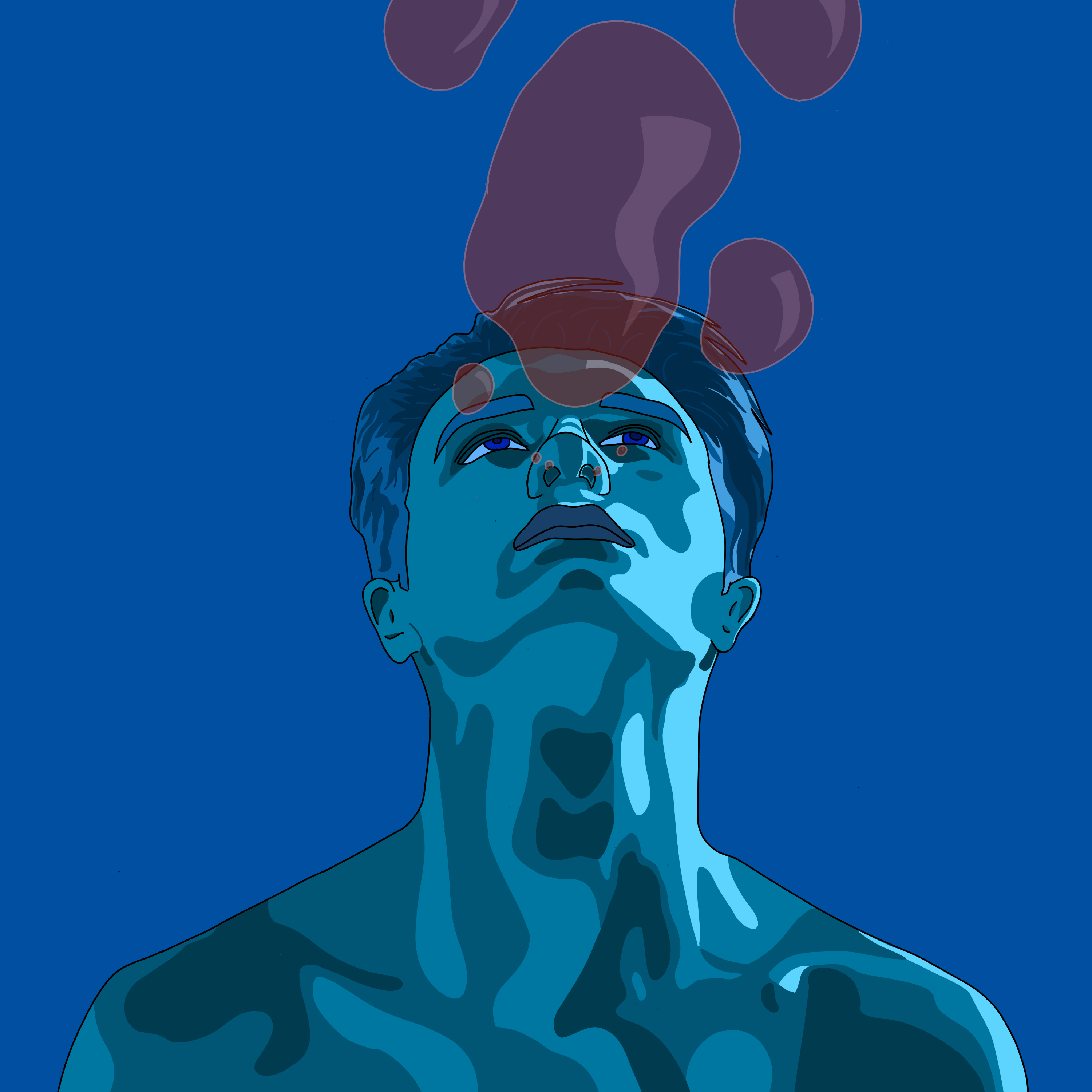 A close-up digital drawing of a man looking up, breathing out bubbles, in shades of blue as if he is underwater.