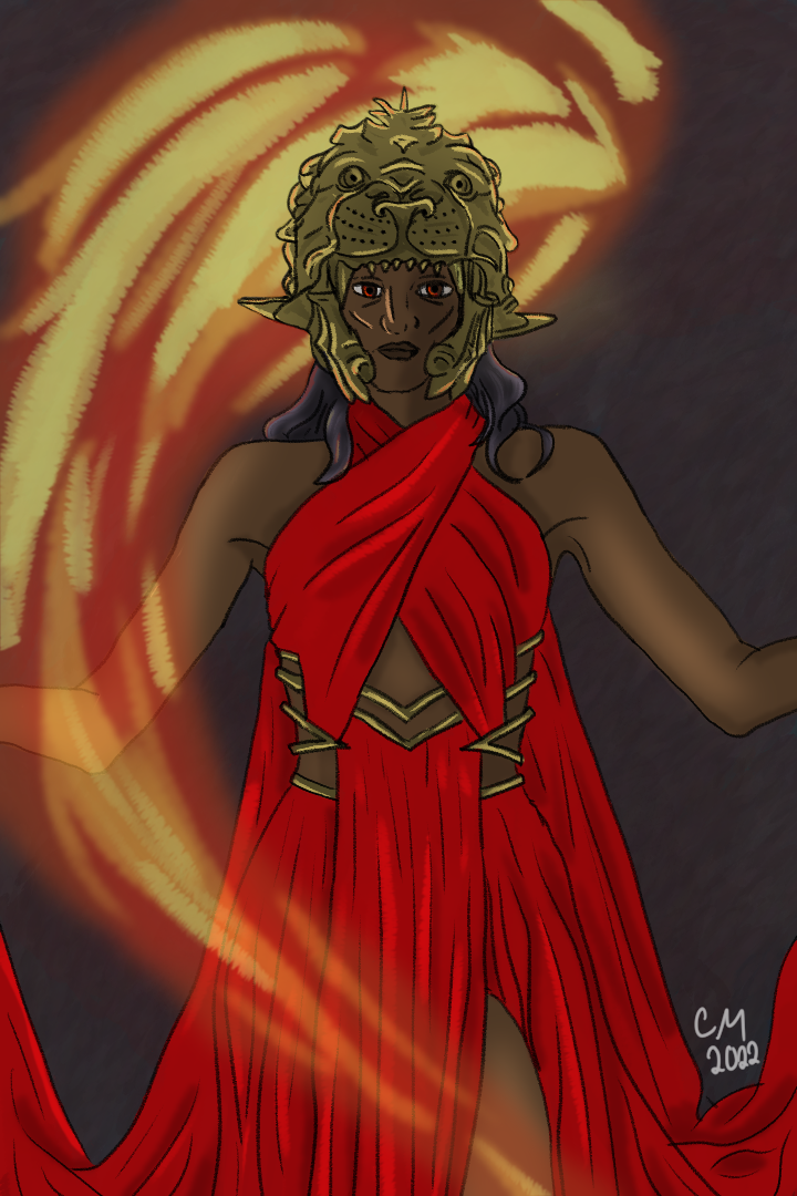 A dark-skinned woman in a red dress with her arms outstretched to do magic, wearing a golden lion healmet. Fire swirls around her.