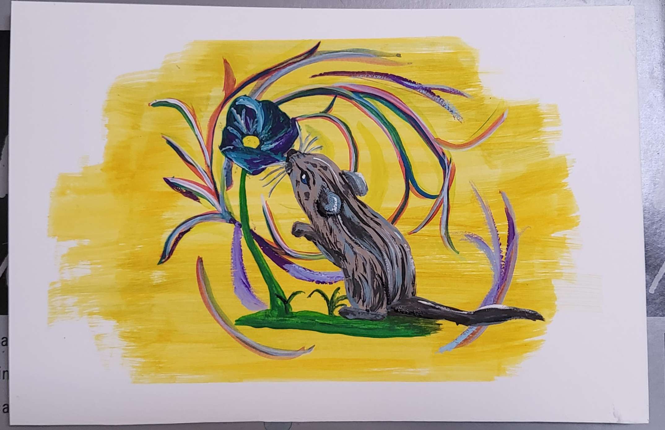 A small, graphically-stylized painting of a mouse reaching up with its nose to sniff a flower