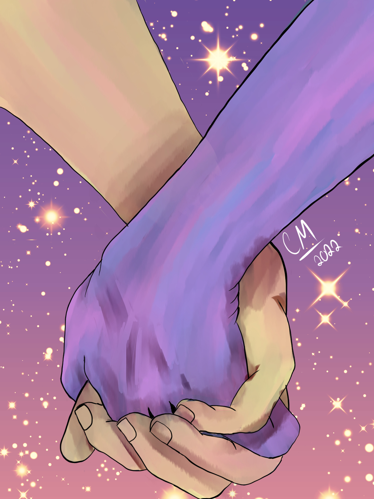 Digital drawing of two hands clasped together with a background of stars. One hand is pale and one is purple. 