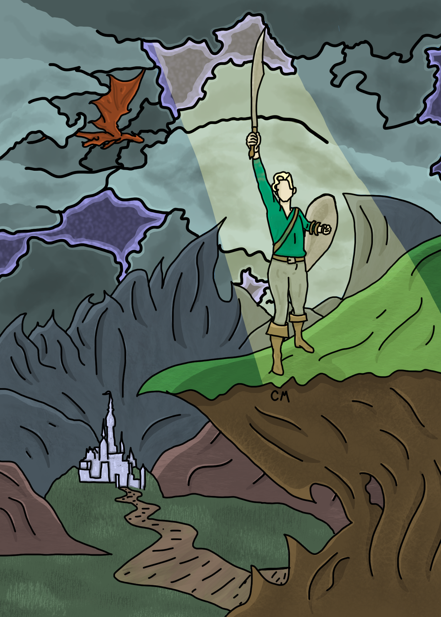 A digitl drawing of a hero raising a sword up triumphantly on cliff, surrounded by god rays. Far in the distance below them is a castle, and above is red dragon.