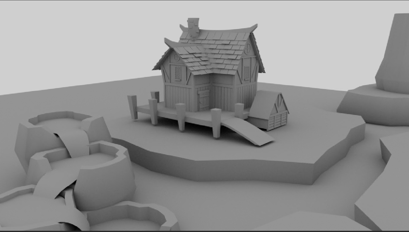 Untextured render of a stylized L-shaped cottage with a cellar and a ramp leading up to the deck. The cottage is on a small island with a bridge, and next to it is a small, three-pool rock waterfall.