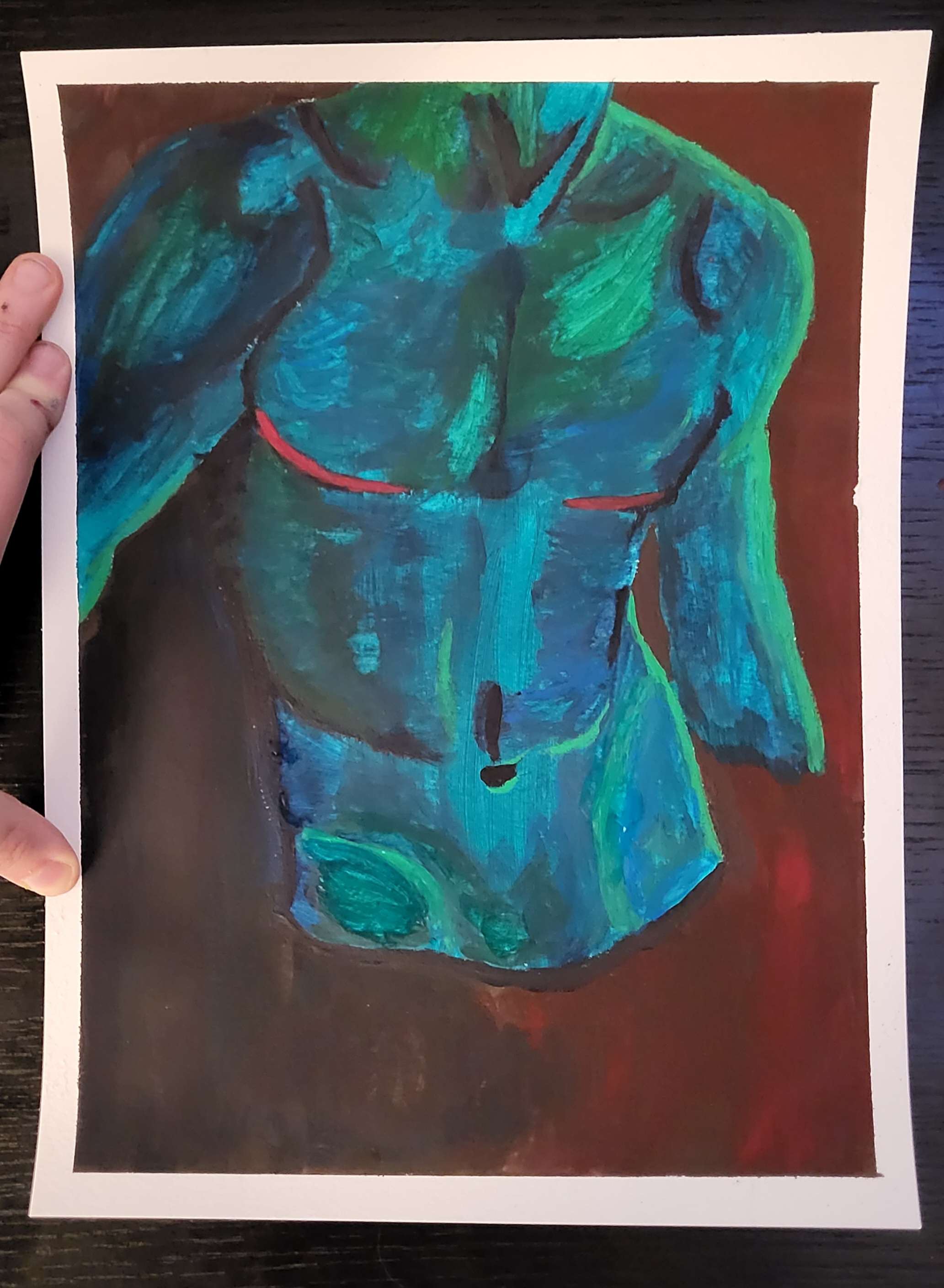 A blue and green painting of a torso with red top surgery scars on a red background.