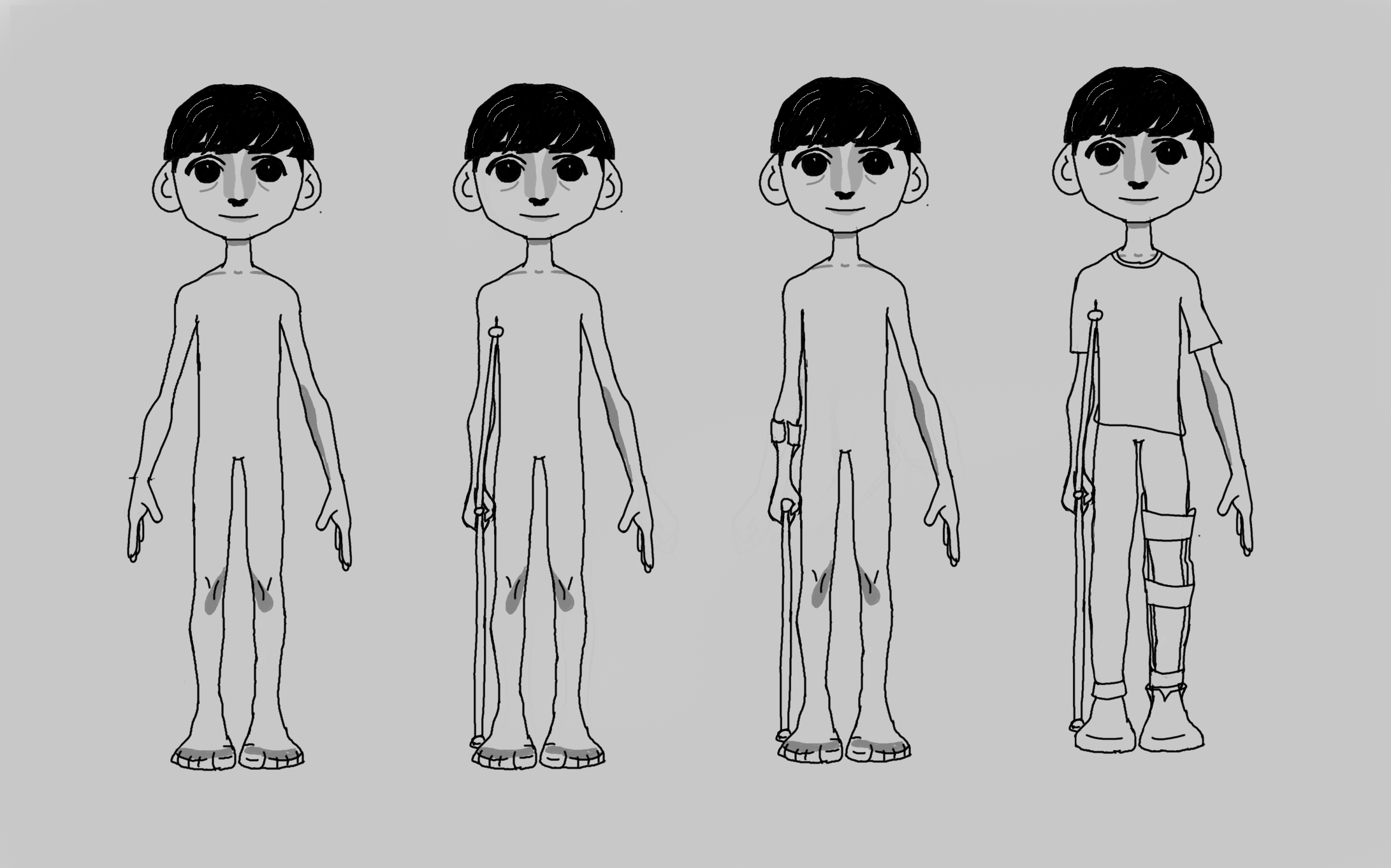 Four versions of the same simple line art of a boy with a bowl cut. The first is only the line art for his body. The second adds an underarm crutch. The third is a version with an forearm crutch. The fourth is a clothed version with an underarm crutch and leg brace.