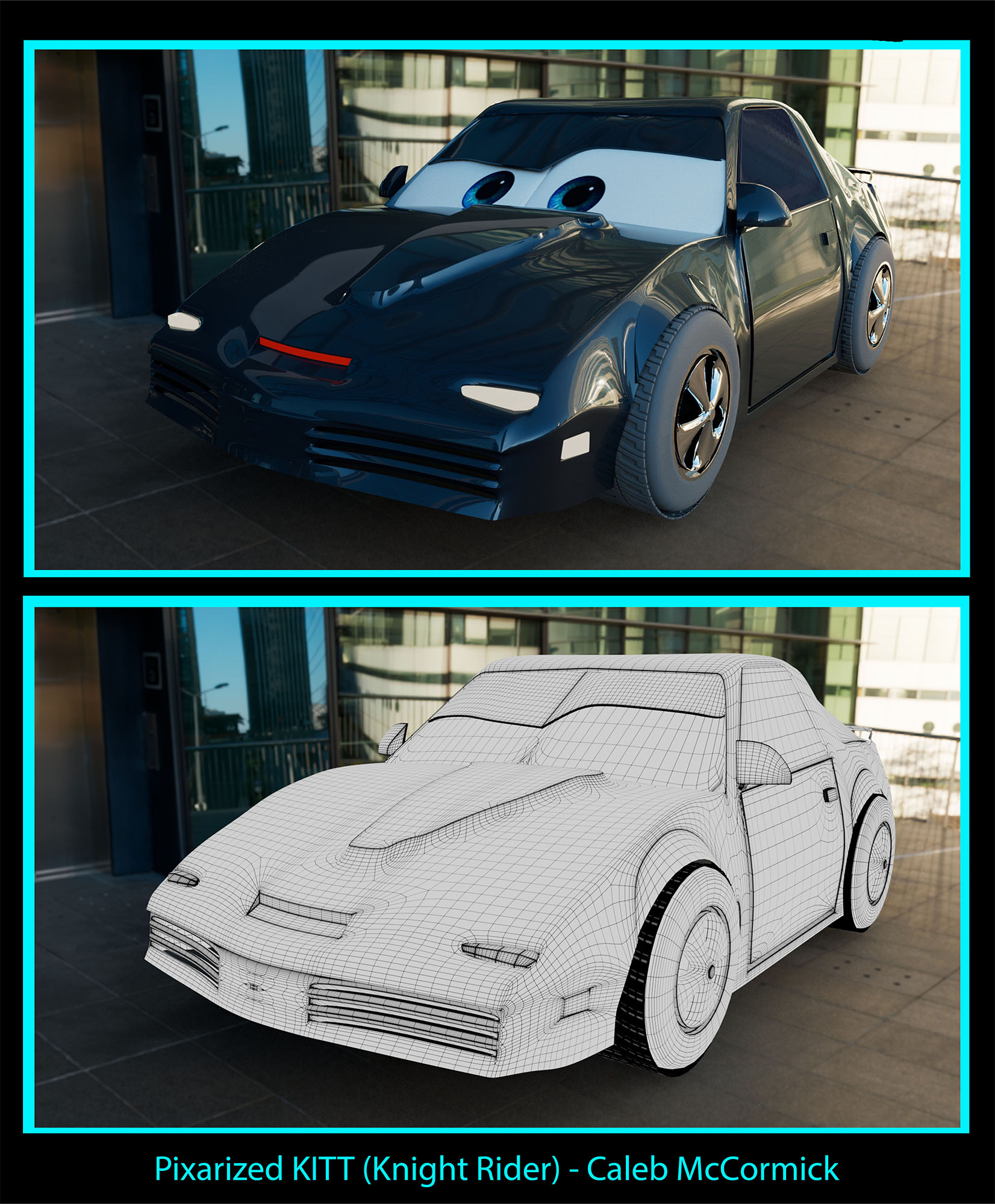 Two panels of a digitally modeled KITT from Knight Rider based on the cars from the movie Cars. The first panel has textures and the second panel shows the geometry of the car model.