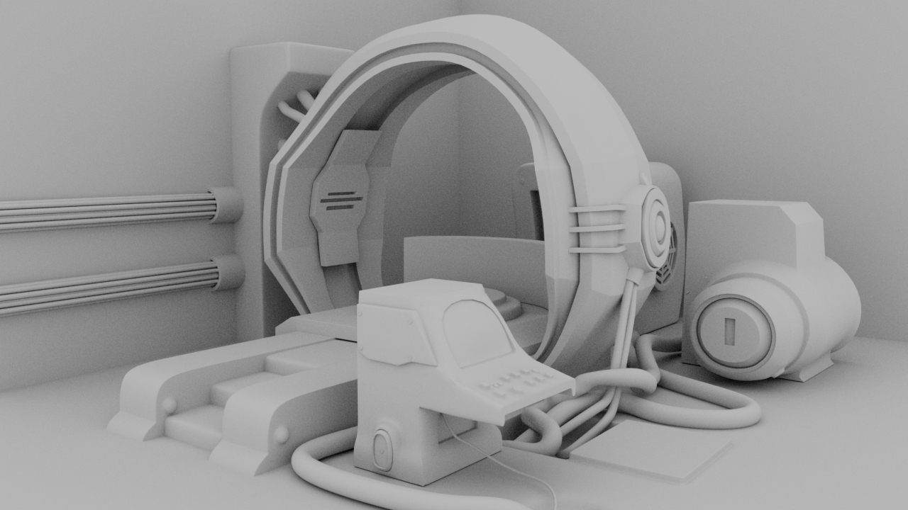 An untextured render of a 3D modeled sci-fi portal, with a large circular portal device in the middle of the room, a control console, and many wires and tubes running throughout.