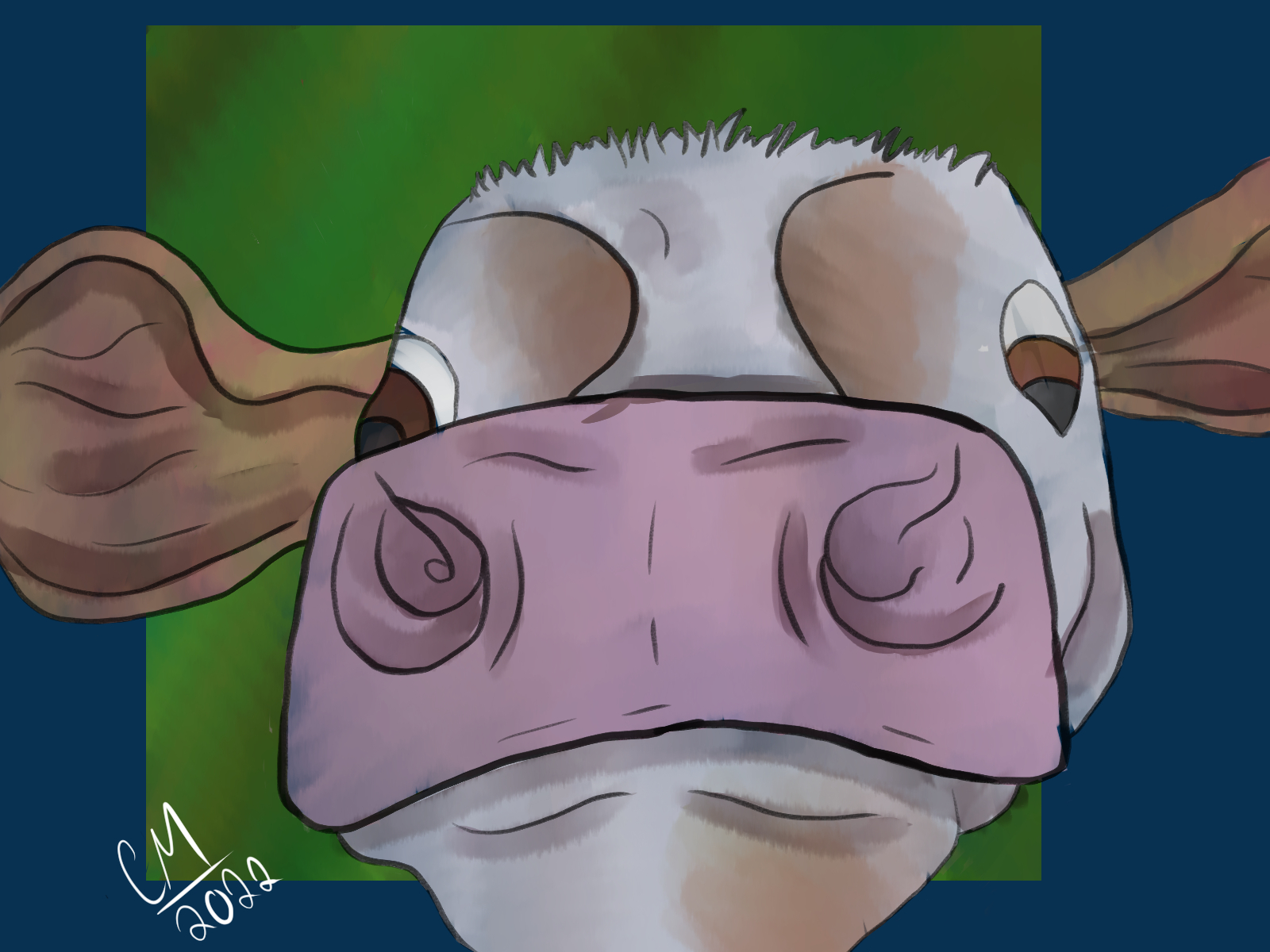 Digital art of the head of a white and brown cow.