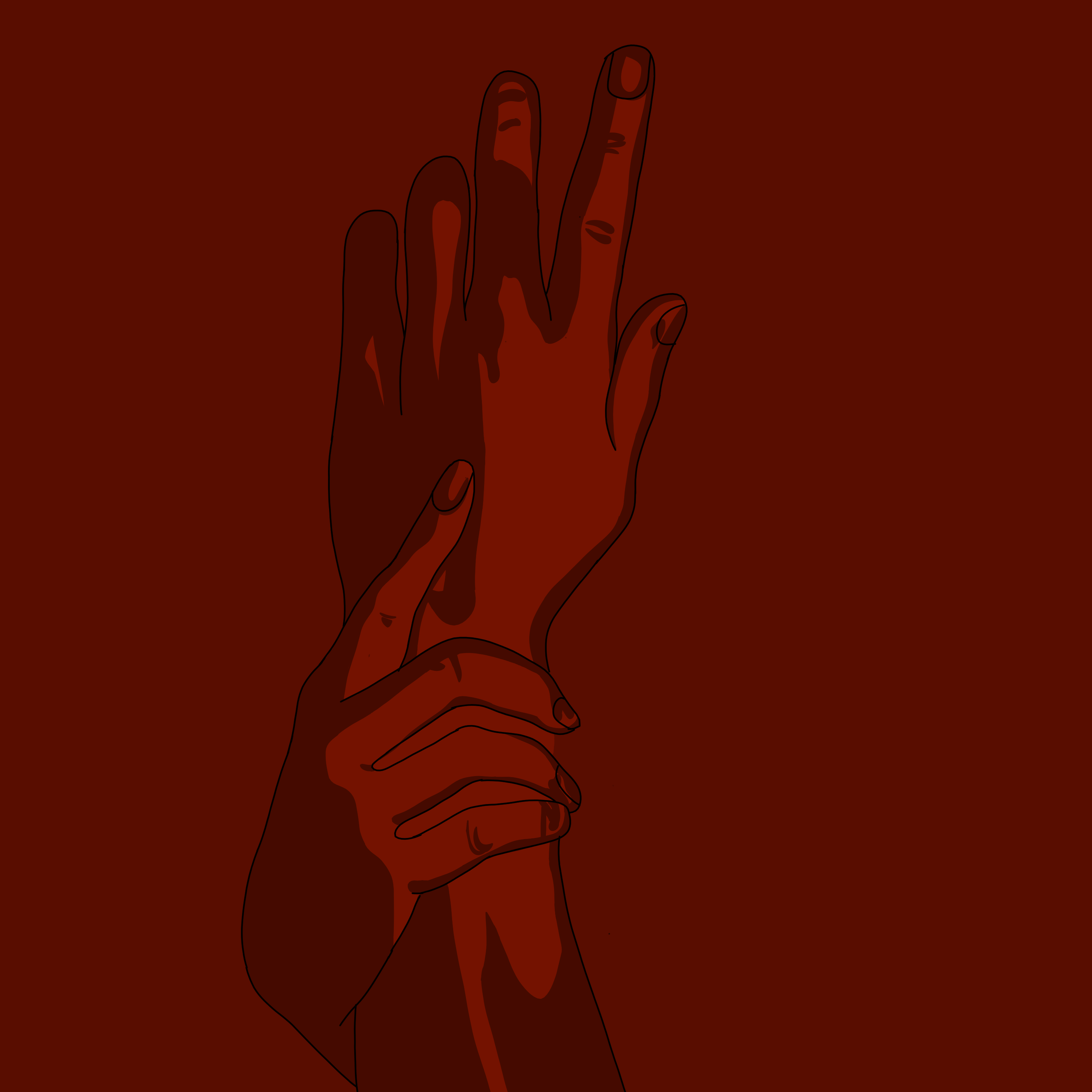 Digital drawing of a person's hands in shades of red. The left hand is holding the right wrist as if massaging it from pain.