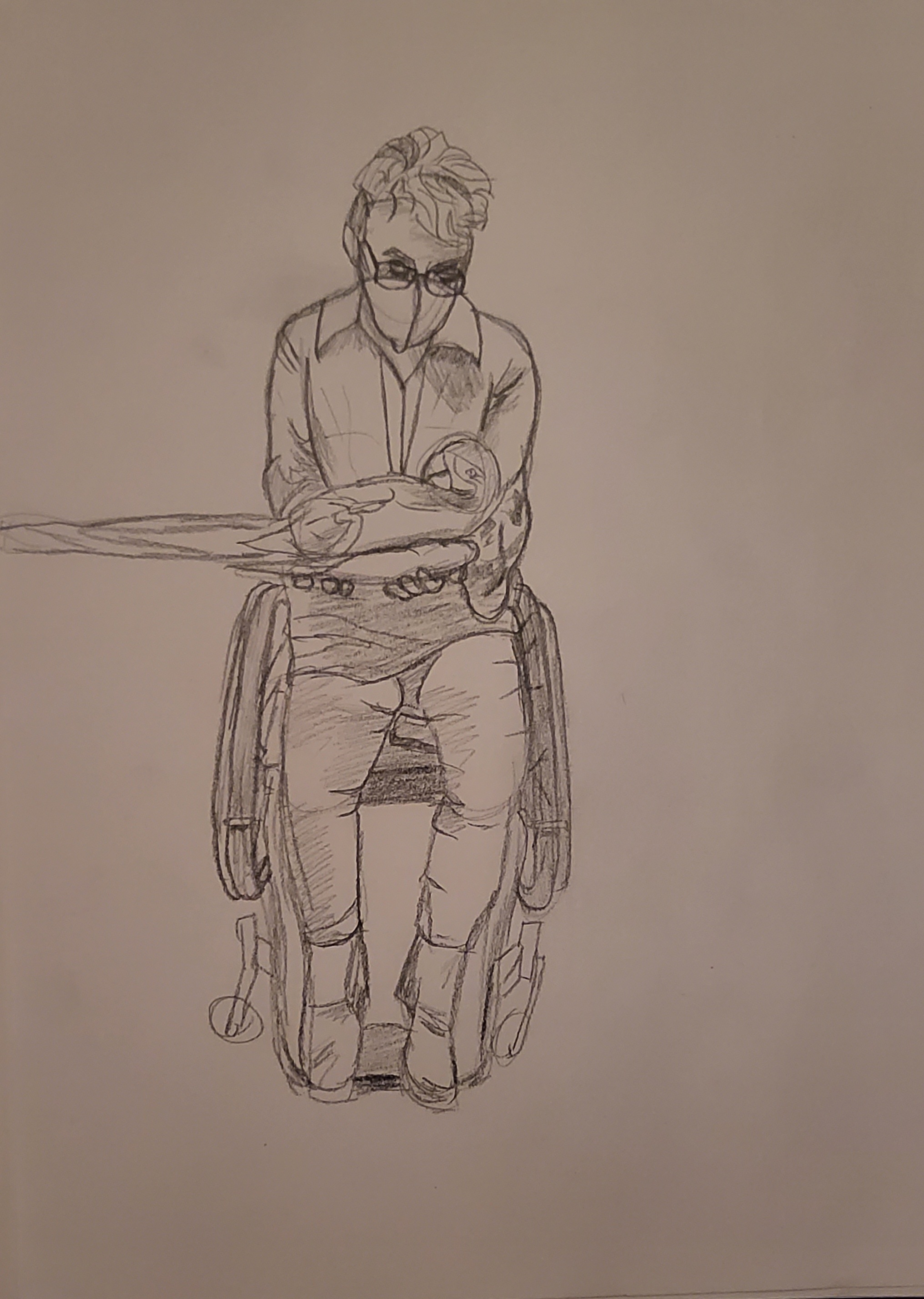 A pencil drawing of a figure with short hair, glasses, and a mask sitting in a wheelchair holding a parrot that lying on its back with both hands.