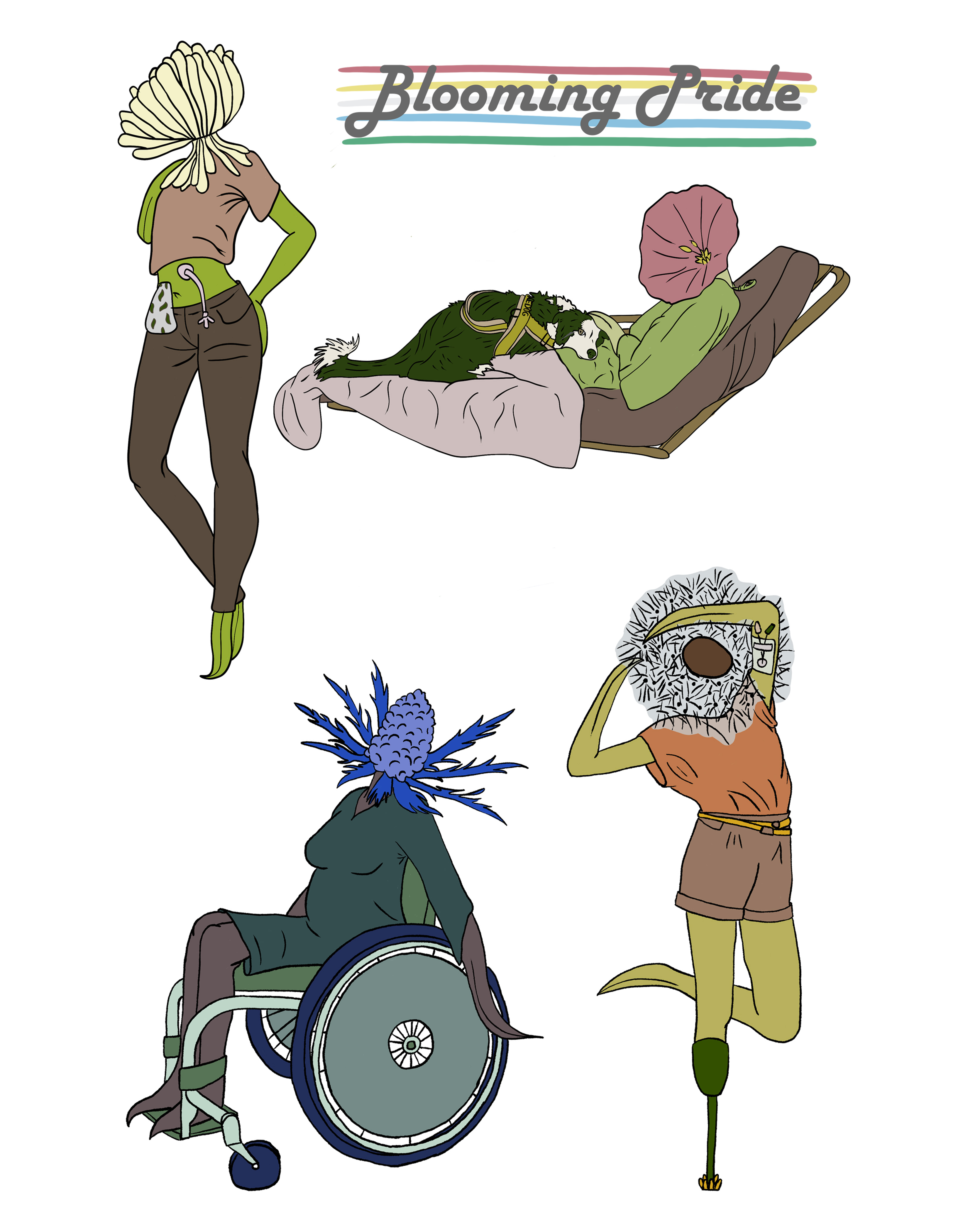 Four plant figures with various disabilities. One has an ostomy bag and feeding tube, one is in a hospital bed with a service dog, one is using a wheelchair, and one is an amputee with a PICC line in their arm.