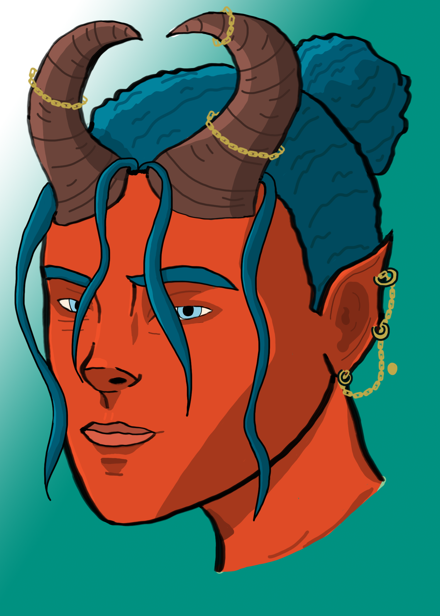 Digital drawing of the head of a tiefling with red skin and blue hair in a bun. She has gold earrings and jewelry on her horns.