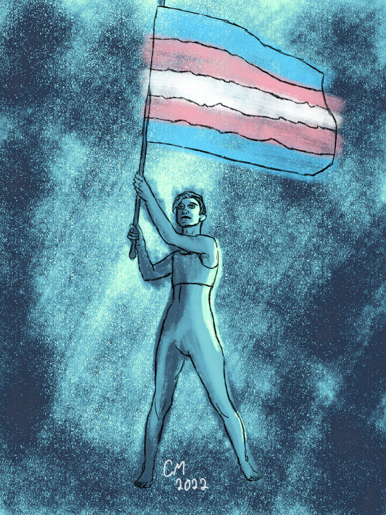 A digital drawing of a person wearing a chest binder, waving a large trans flag. The drawing is mainly in shades of blue.